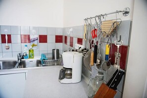 Fridge, oven, stovetop, cookware/dishes/utensils