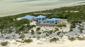 A beachfront property with a large house featuring a blue roof, surrounded by lush greenery and a sandy beach.