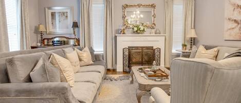 Smart TV, fireplace, books