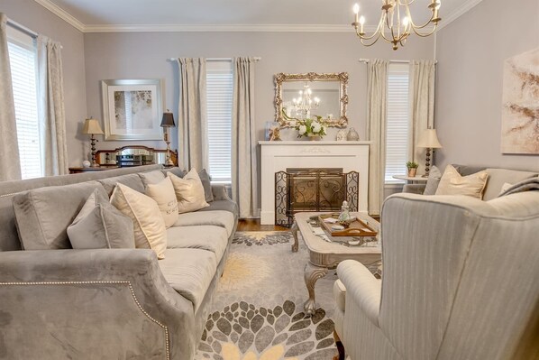 Smart TV, fireplace, books