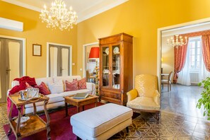 Smart TV, fireplace, DVD player, books