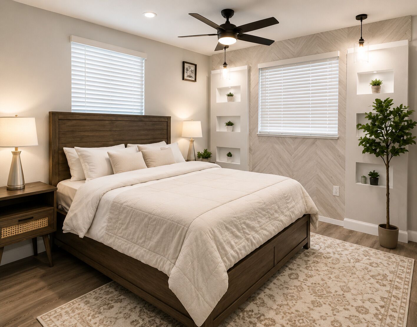 A bedroom with a bed, bedside tables, a ceiling fan, wall-mounted shelves with plants, and a large window with blinds.