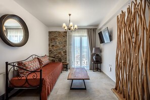 Traditional Suite, 1 Bedroom, Balcony, Mountain View (Christina) | Living room | LED TV - Minos Country Living Apartments (Kantanos-Selino)