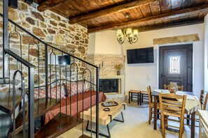 Traditional Duplex, 2 Bedrooms, Balcony, Mountain View (Alexander) | Living area | LED TV - Minos Country Living Apartments (Kantanos-Selino)