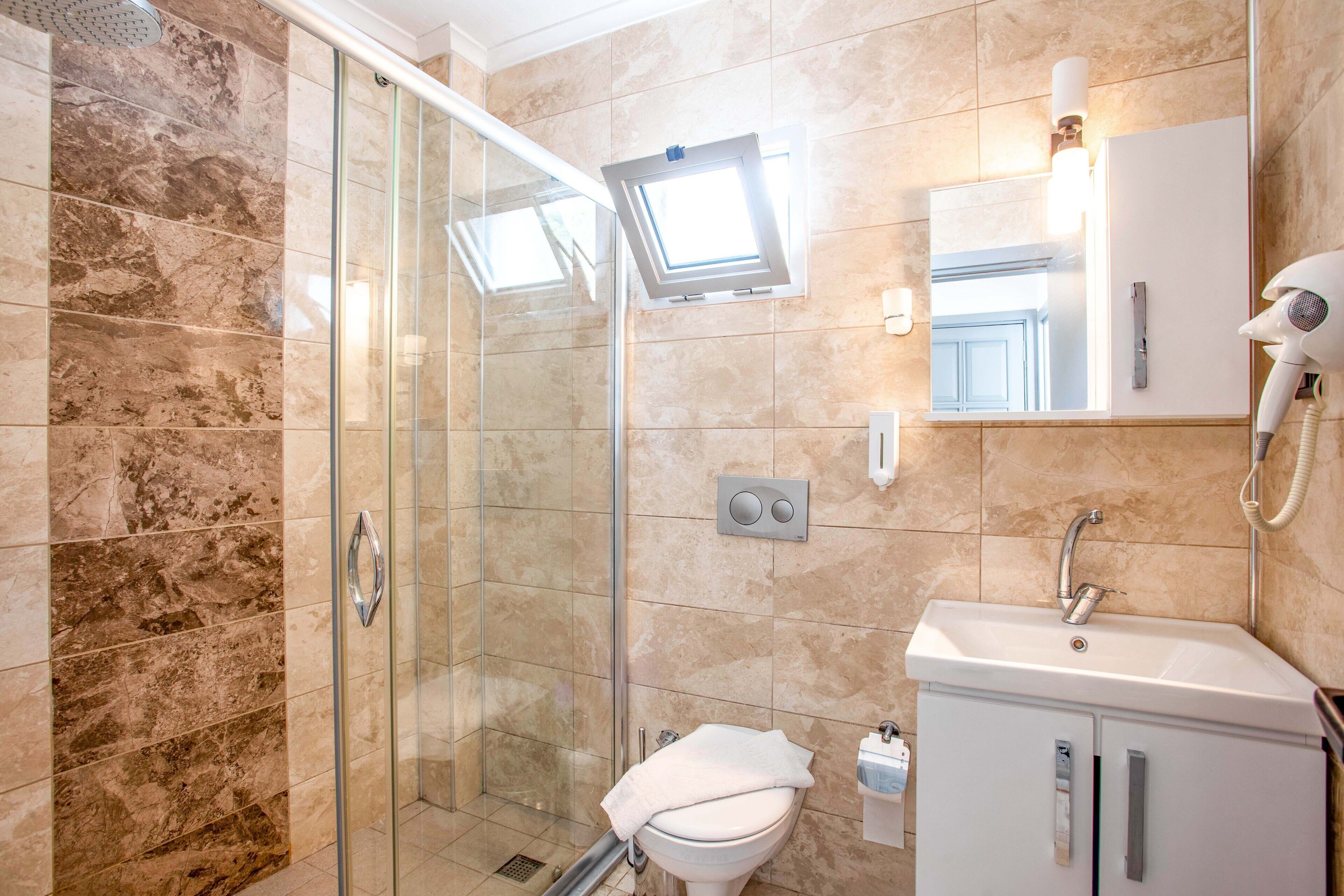 A modern bathroom with a glass shower enclosure, a white sink, and a mirror above the sink.