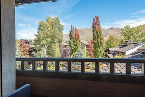 A balcony with a view of a residential area, including houses and trees.
