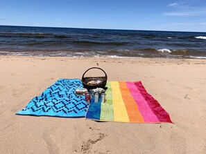 On the beach, beach towels