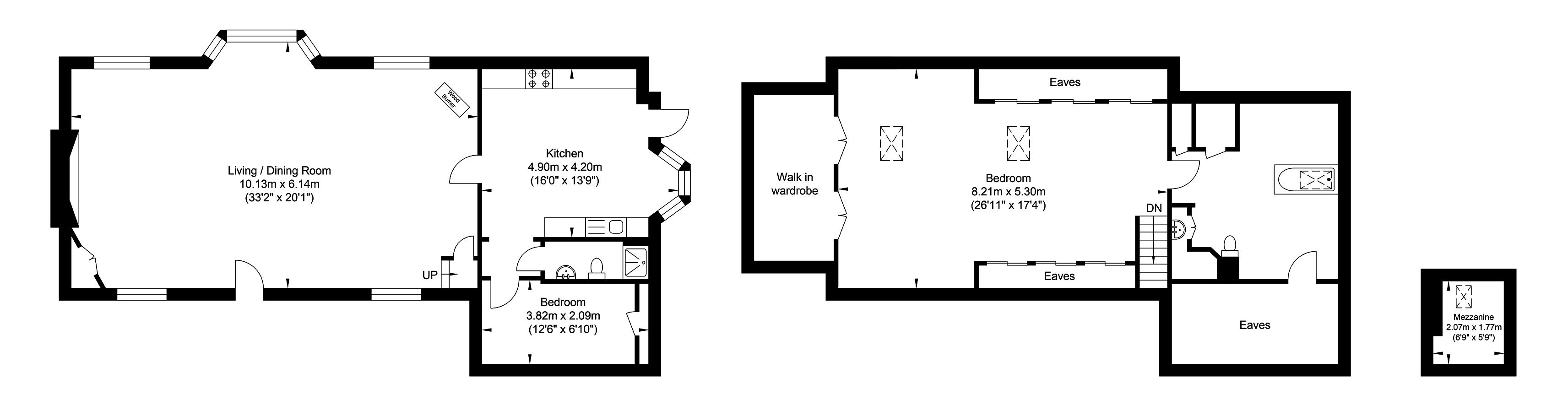 A floor plan with a living/dining room, kitchen, two bedrooms, a walk-in wardrobe, and a mezzanine.