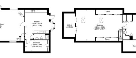 A floor plan with a living/dining room, kitchen, two bedrooms, a walk-in wardrobe, and a mezzanine.
