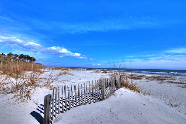 Walk along the beach to the water's edge, where a wooden fence marks the shoreline.