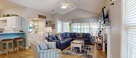 TV, fireplace, DVD player, music library