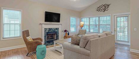 Televisión, chimenea, reproductor de DVD