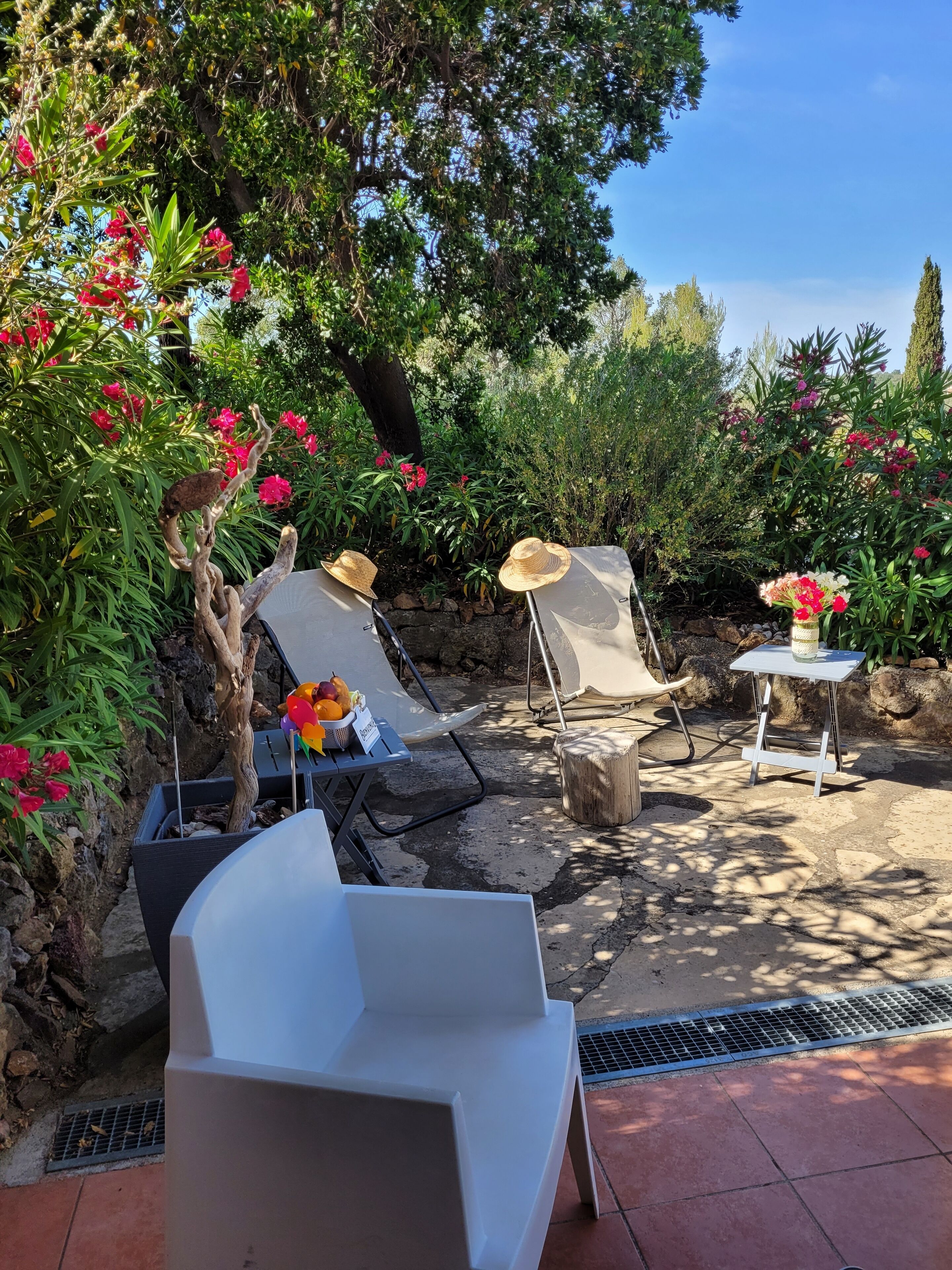 Un espace extérieur aménagé avec des chaises et des tables blanches, entouré d’une végétation luxuriante et de plantes en fleurs.