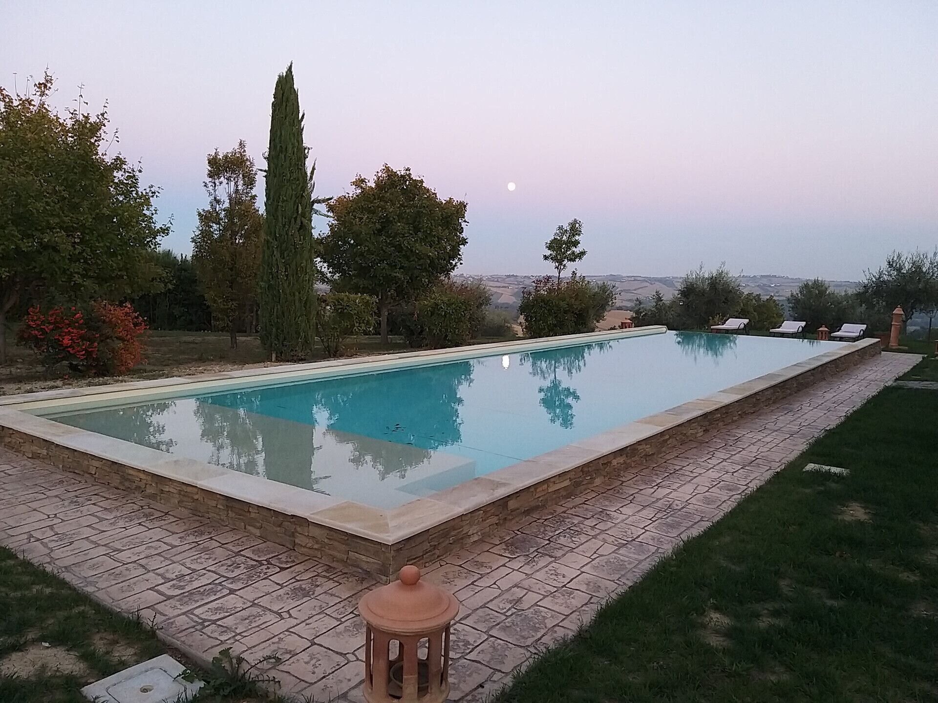A rectangular swimming pool with a stone border, surrounded by a grassy area and trees.