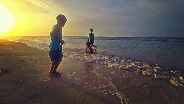 Escena de playa con dos personas cerca de la orilla al atardecer.