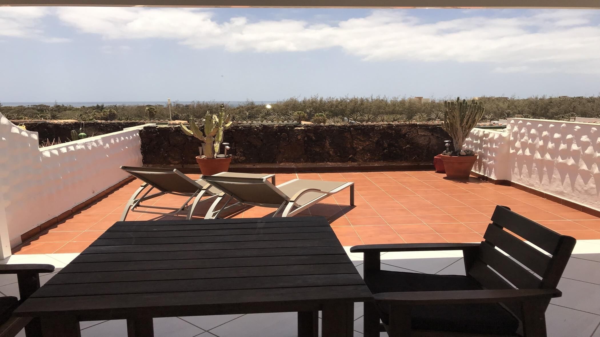 A rooftop terrace with a table and chairs, potted plants, and a view of the sea.