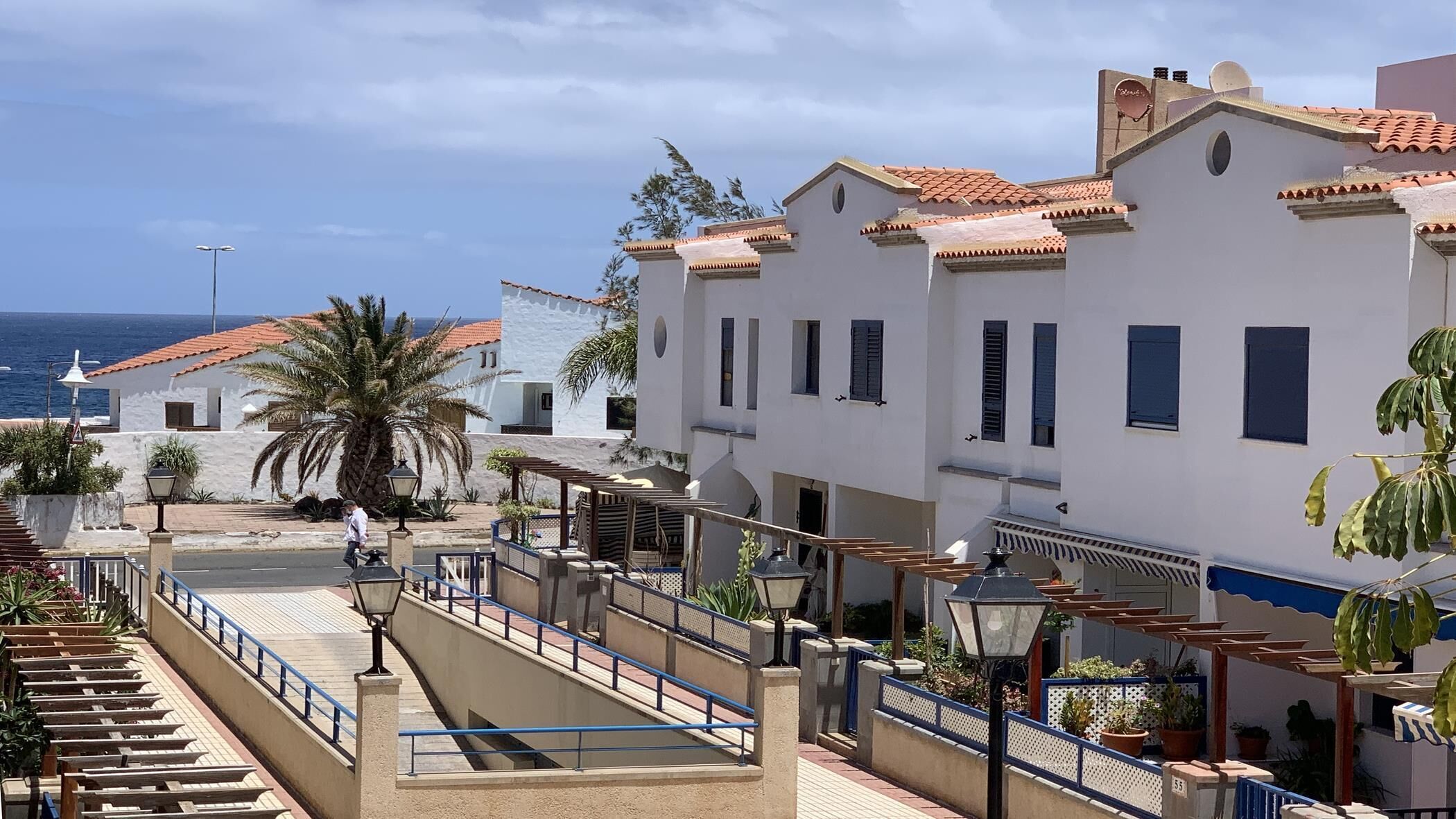 A coastal street with white buildings, a palm tree, and a view of the sea.