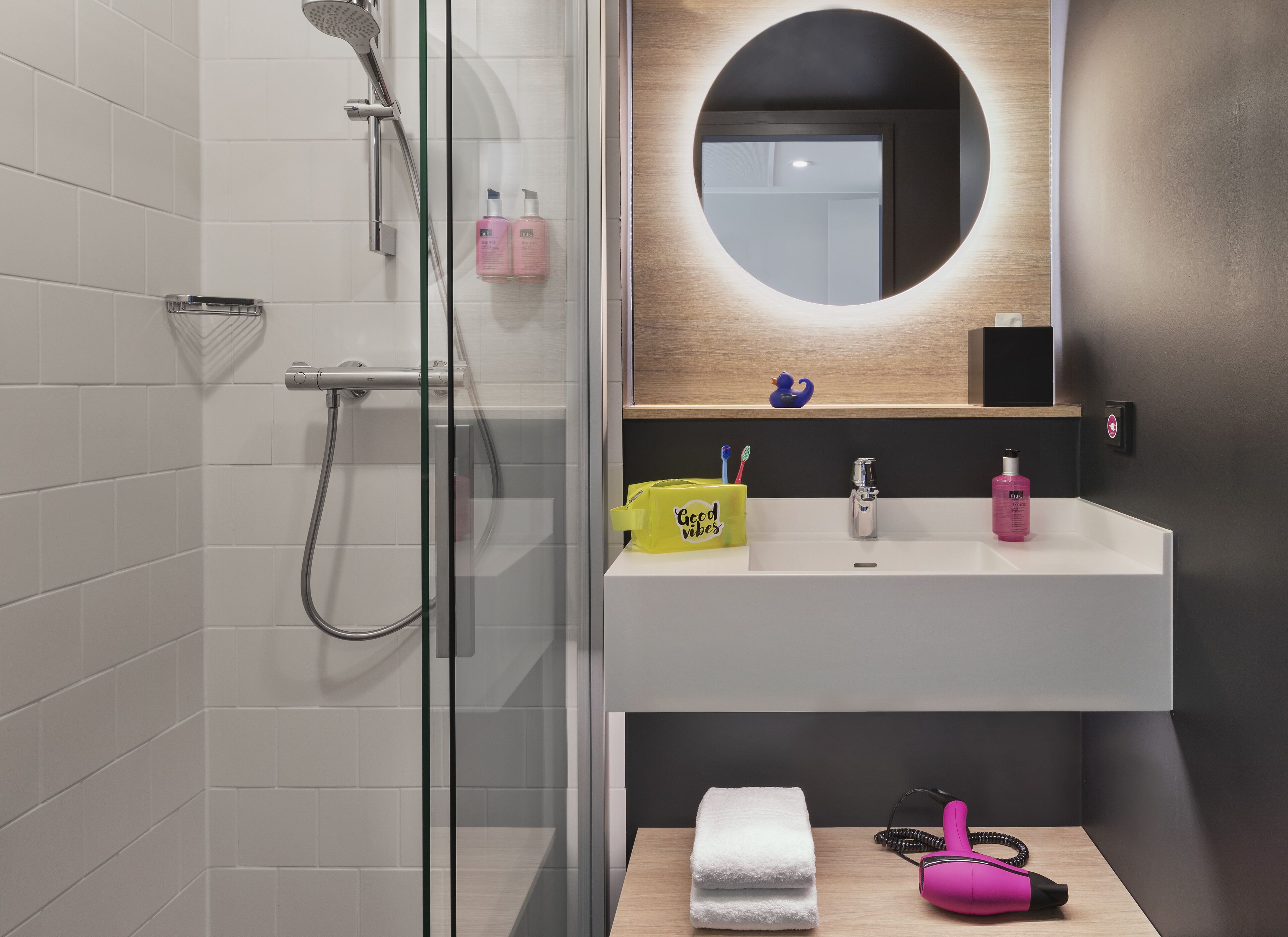 shower, hair dryer, soap, shampoo