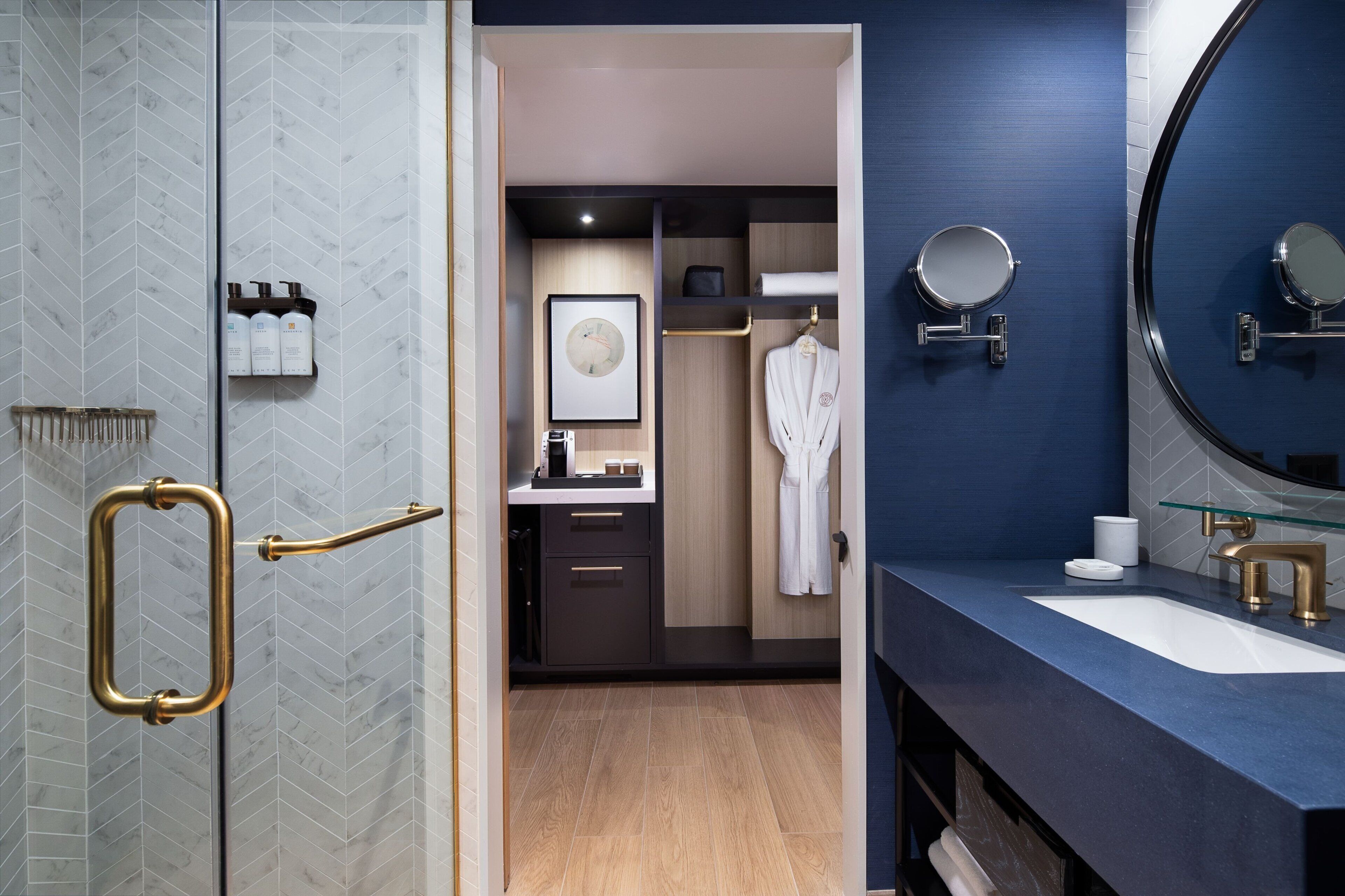 hair dryer, bathrobes, soap, shampoo