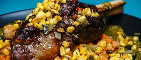 A dish with meat and vegetables.