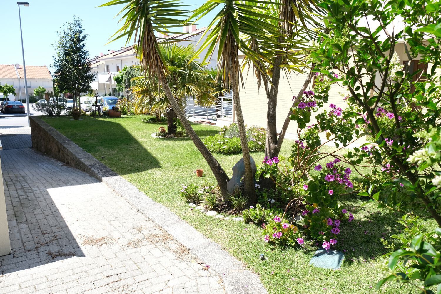 A paved pathway alongside a well-maintained garden with palm trees and flowering plants.