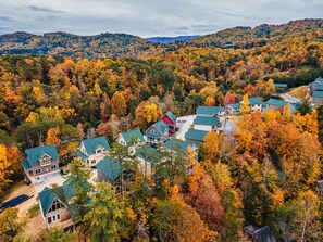 A residential area with houses featuring green roofs, surrounded by dense autumn foliage. - Saltwater Indoor Pool | Hot Tub | 3 King Beds | Arcade | Pets OK (Pigeon Forge)