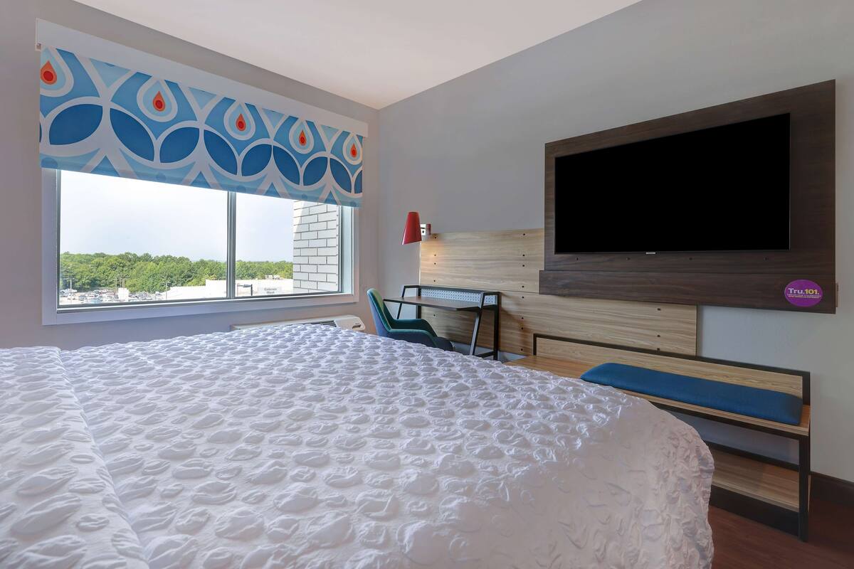 A hotel room with a large bed, a desk, a TV, and a window with a view of greenery.