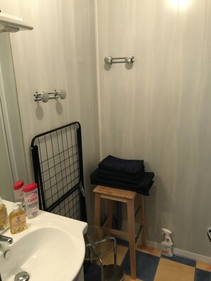Shower, hair dryer, towels, toilet paper