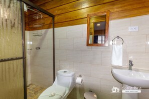 A bathroom with a shower, toilet, sink, and a mirror.