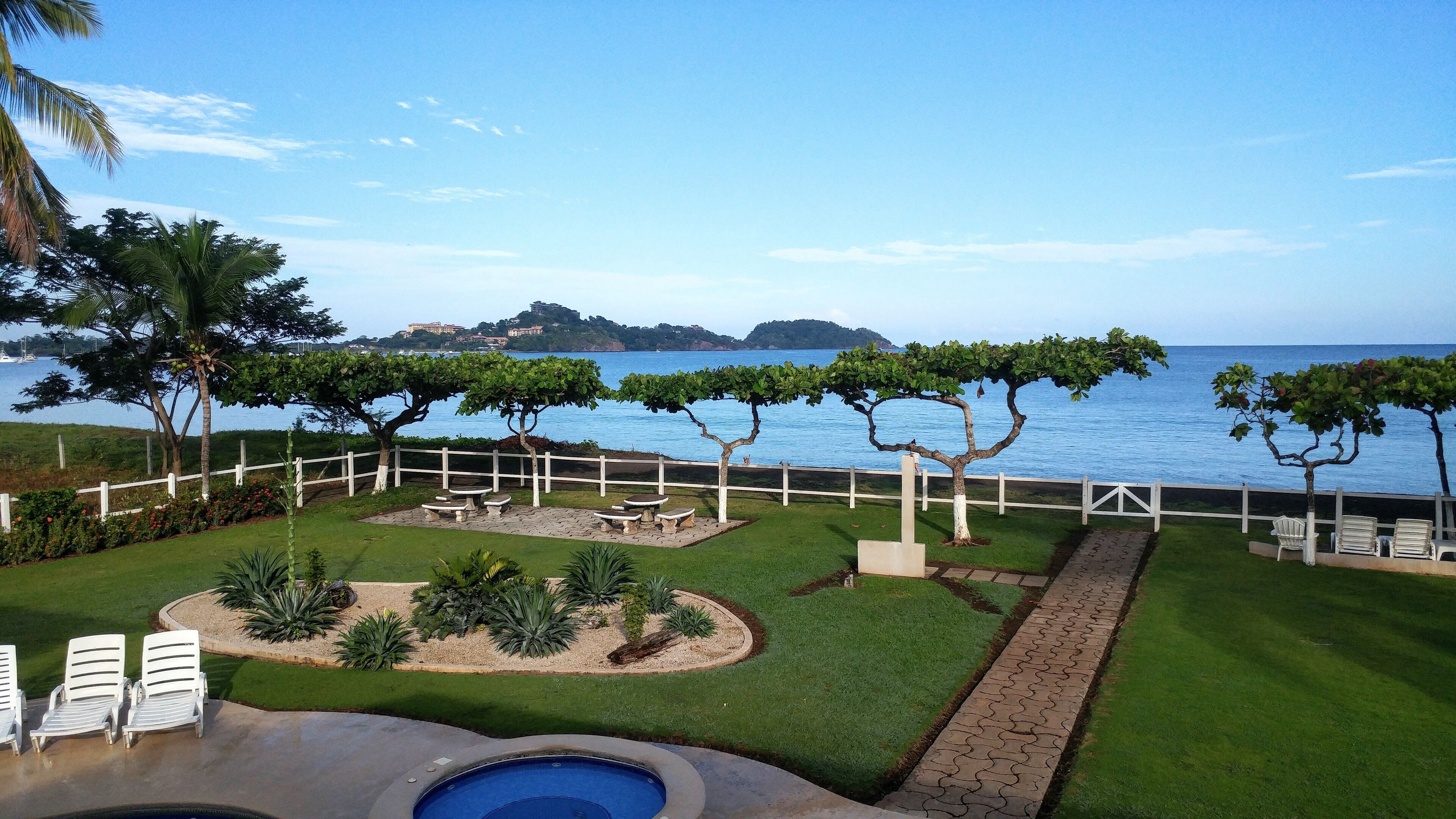 A pool area with lounge chairs, a small garden with a palm tree, and a view of the sea.