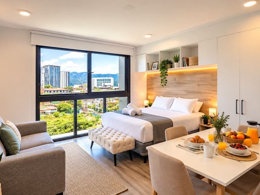 Une chambre d’hôtel moderne dotée d’une grande fenêtre, d’un lit, d’un coin repas et d’un espace salon.