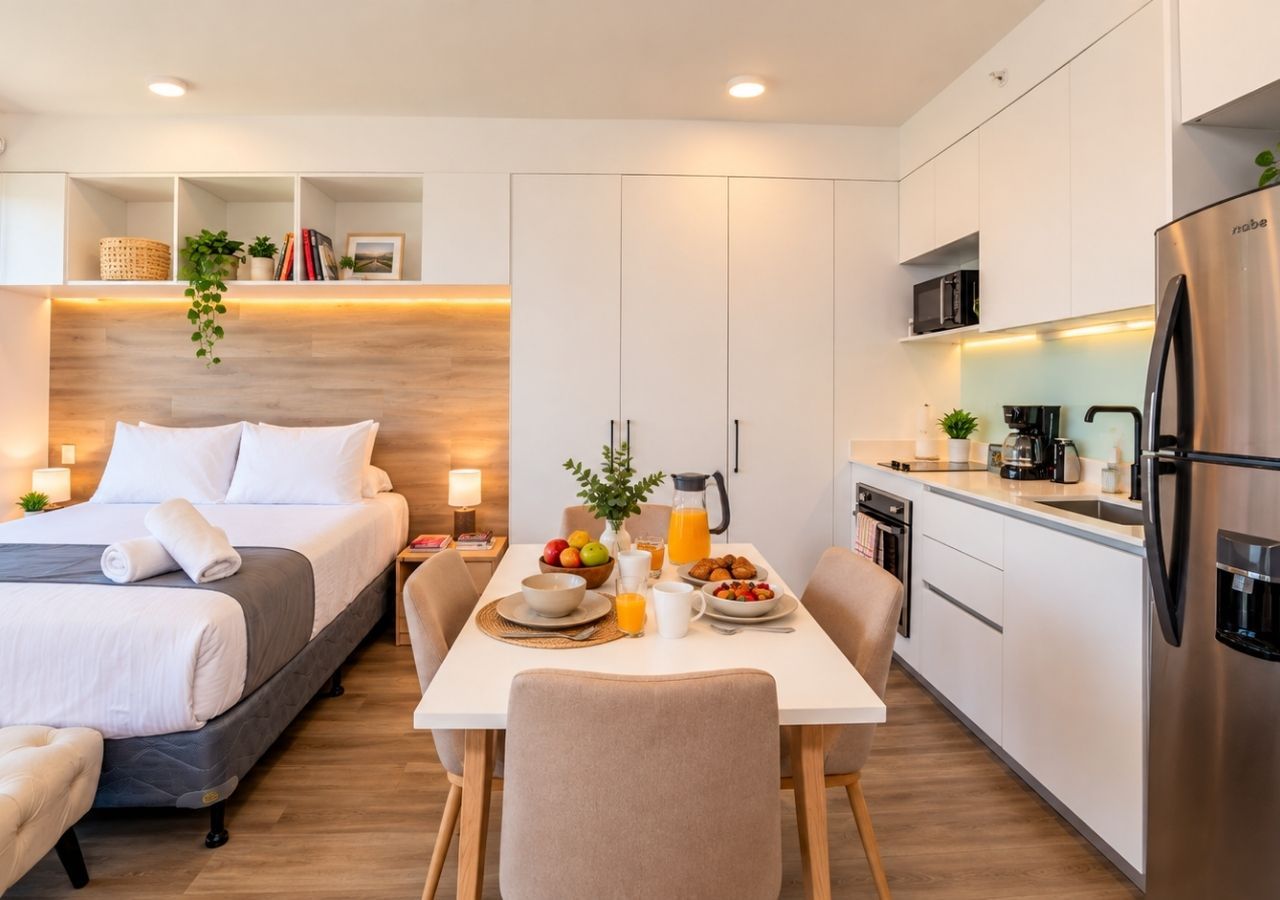 Een moderne hotelkamer met een bed, een eettafel met ontbijt, een keukenhoek en een inbouwkast.
