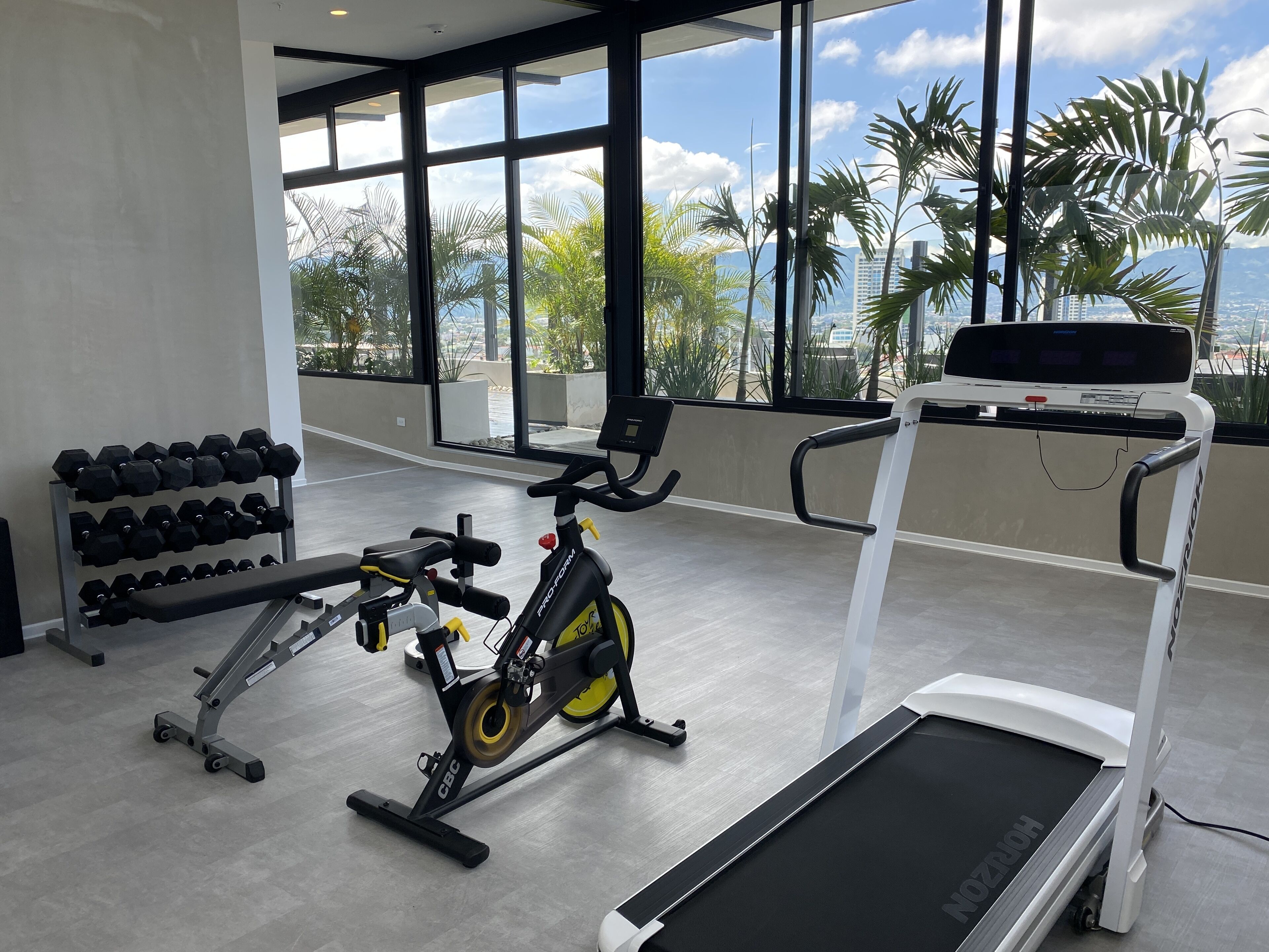Una palestra con tapis roulant, cyclette e pesi.