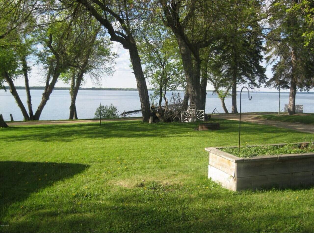 A grassy area with trees and a body of water in the background.
