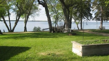 A grassy area with trees and a body of water in the background.