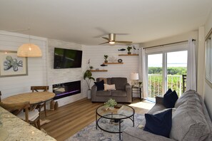 Smart TV, fireplace, DVD player, books
