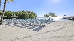 Een strand met rijen ligbedden, een palmboom en een rieten constructie.