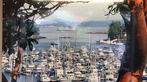 A marina with numerous boats docked, surrounded by trees and a view of distant mountains. - Warm and Bright in the Heart of Downtown Friday Harbor (Friday Harbor)