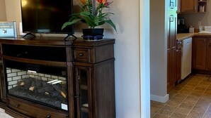 A living room with a fireplace, a television, and a potted plant. - Warm and Bright in the Heart of Downtown Friday Harbor (Friday Harbor)
