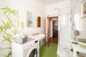 Shower, hair dryer, bidet, towels