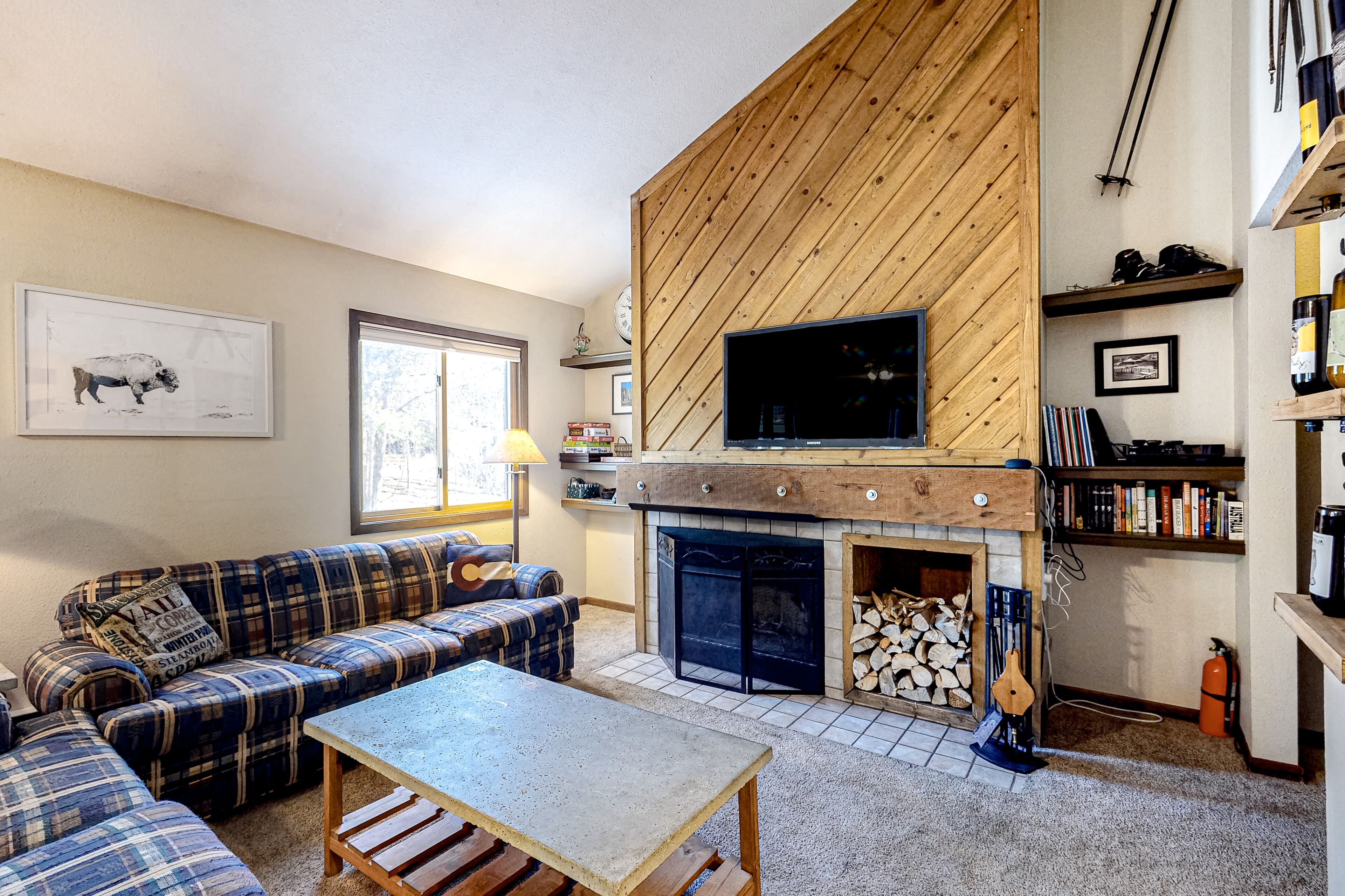 Televisión, chimenea, reproductor de DVD y videoteca 