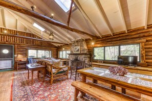 TV, fireplace, books