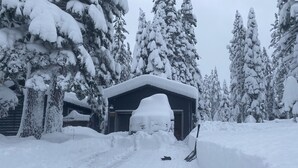 A snow-covered path leading to a building with a dark roof and a visible door.
