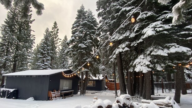 A cabin with a snow-covered roof, surrounded by evergreen trees.