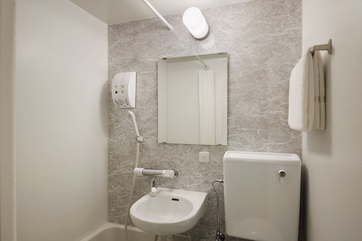 combined shower/bathtub, free toiletries, hair dryer, slippers