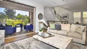 Smart TV, fireplace, video games, DVD player