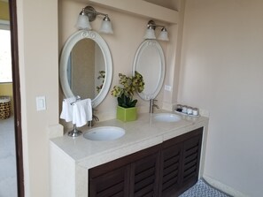 Combined shower/bathtub, jetted bath, hair dryer, towels