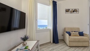 Ein Wohnzimmer mit Fernseher, einer Couch mit Kissen, einem Fenster mit Vorhängen und einer Pflanze auf einem Tisch.