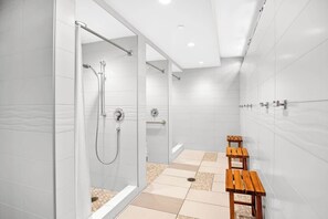 Combined shower/bathtub, hair dryer, towels, shampoo