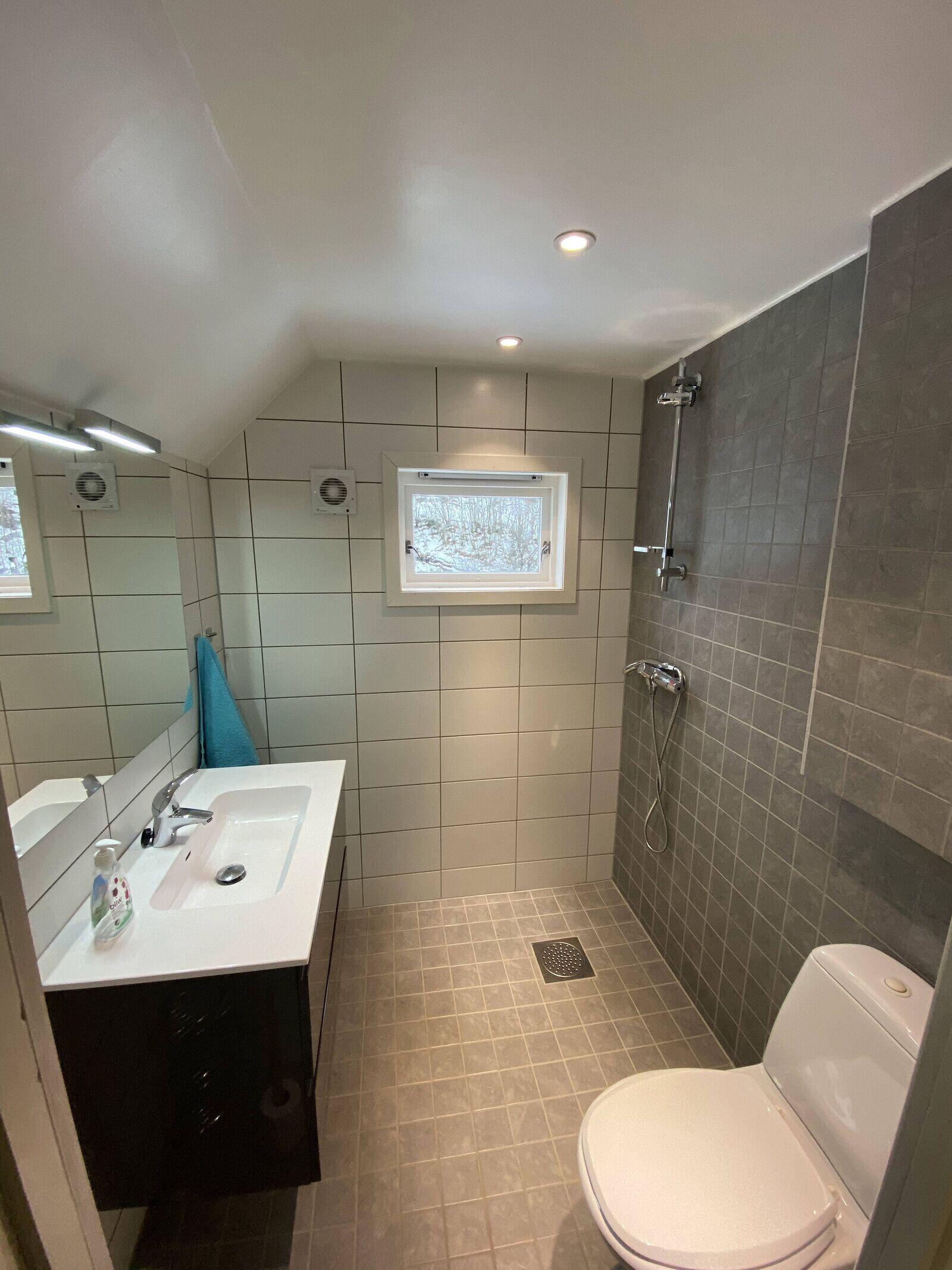 Un baño con lavamanos blanco, un espejo, una ventana, una ducha y un inodoro.